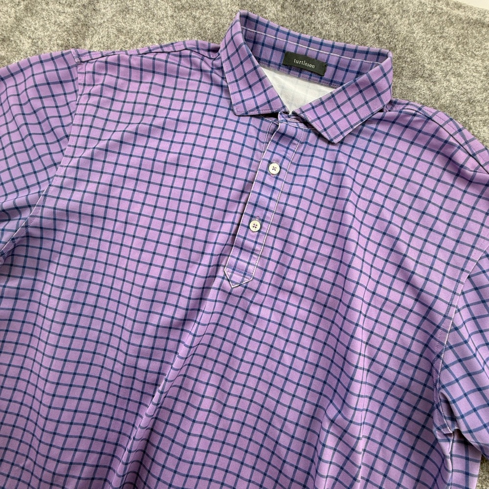 Turtleson Polo Shirt Mens‎ Large Purple Blue Check Performance Golf Short Sleeve